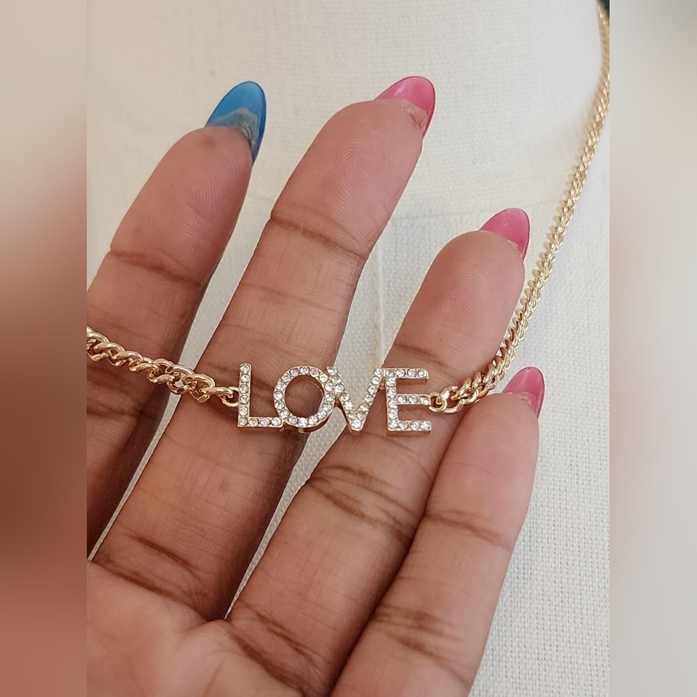 Gold Tone LOVE Pendant Necklace Minimalist Layering Chain - Picture 4 of 6